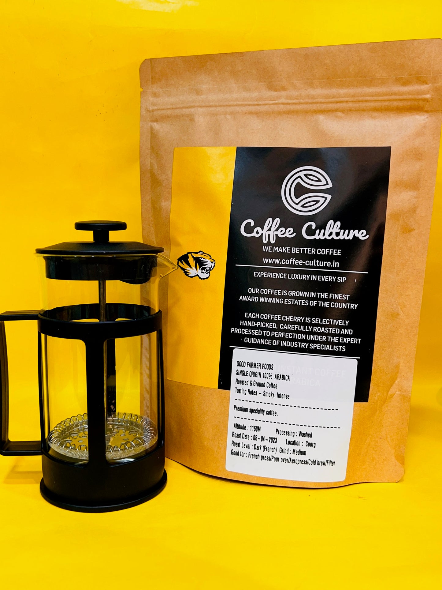 Roasted & Ground coffee with 350ml french press FREE