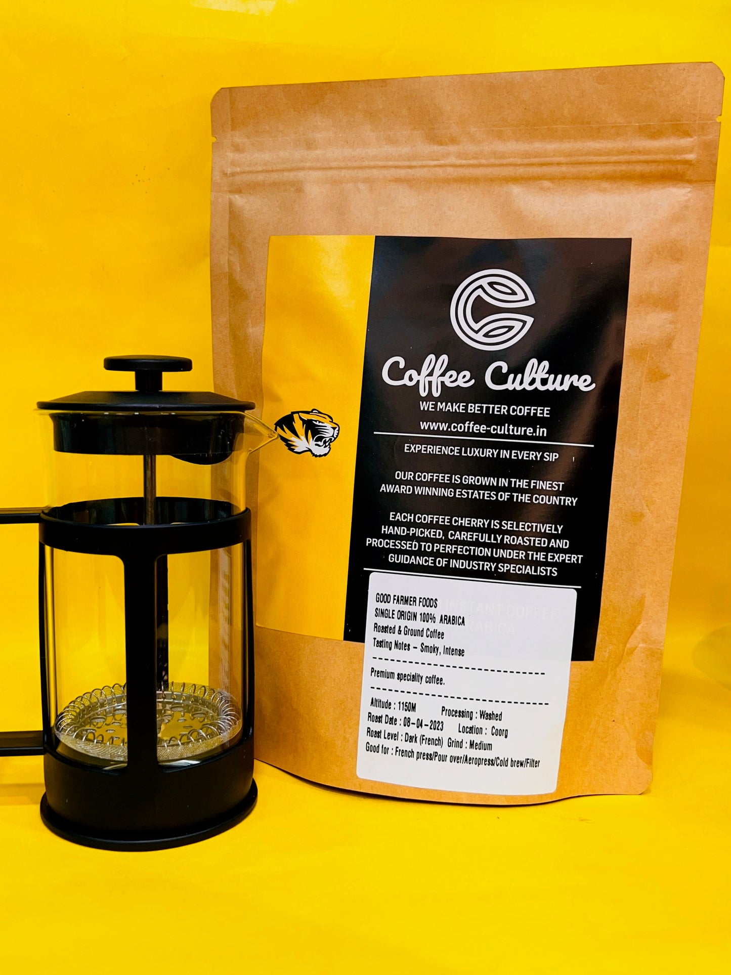 Roasted & Ground coffee with 350ml french press FREE